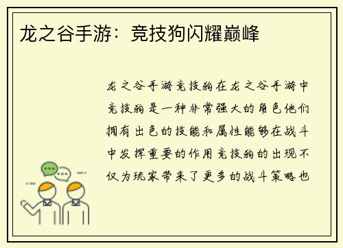 龙之谷手游：竞技狗闪耀巅峰