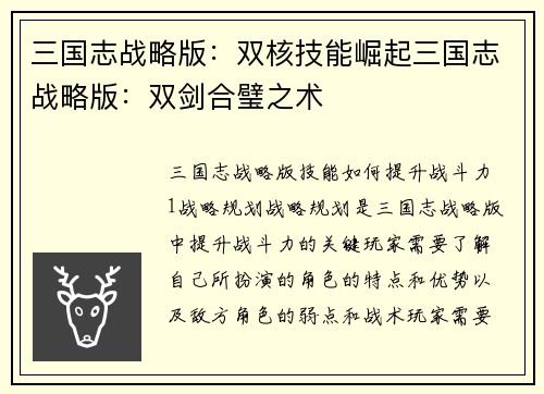 三国志战略版：双核技能崛起三国志战略版：双剑合璧之术