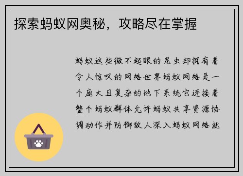 探索蚂蚁网奥秘，攻略尽在掌握